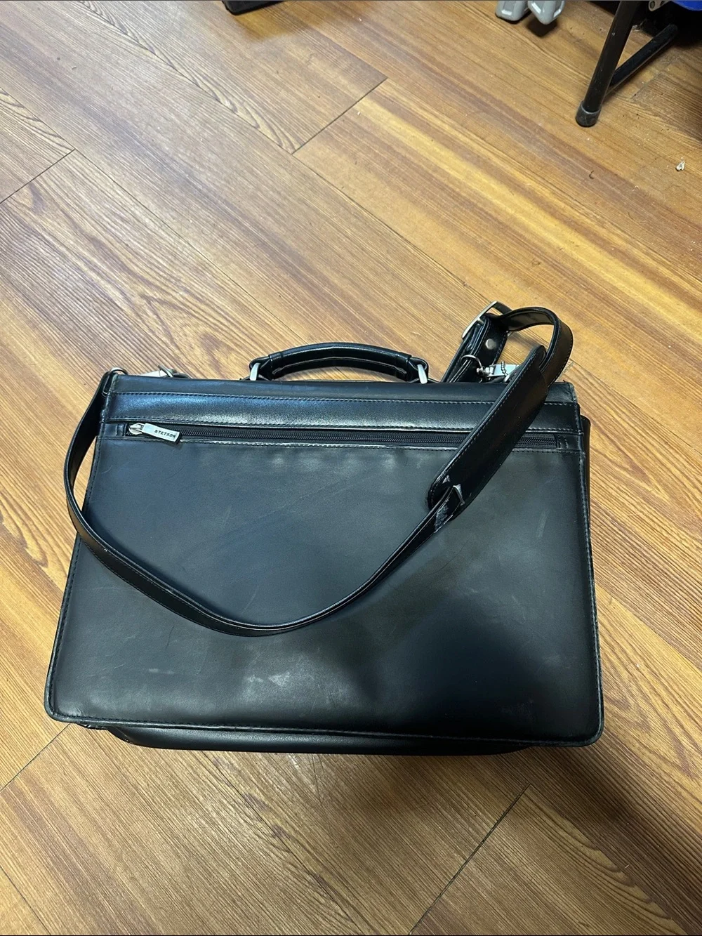 Stetson Black Leather Briefcase Messenger with Shoulder Strap